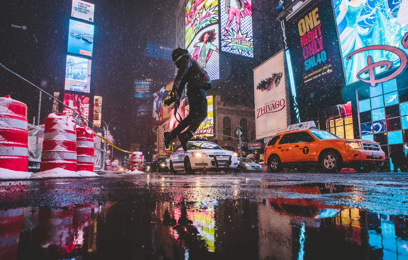 Photo wallpaper winter, reflection, street, New York, neon, camera, mirror, puddle