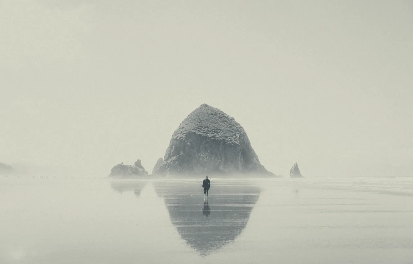 Photo wallpaper wave, beach, fog, reflection, stone, mirror, male, rainy