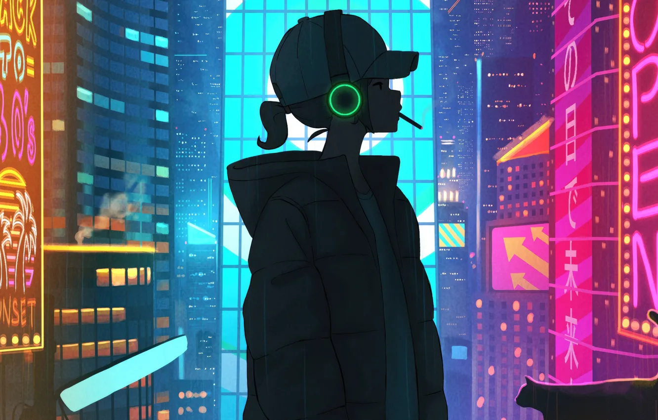 Photo wallpaper girl, the city, neon, headphones, cap, cyberpunk, chill, nebokray