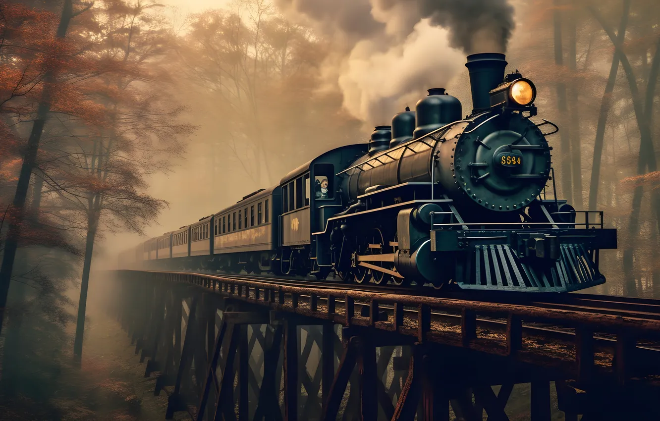 Photo wallpaper forest, trees, the engine, railroad, digital art, AI art, The Art of Artificial Intelligence, neural …