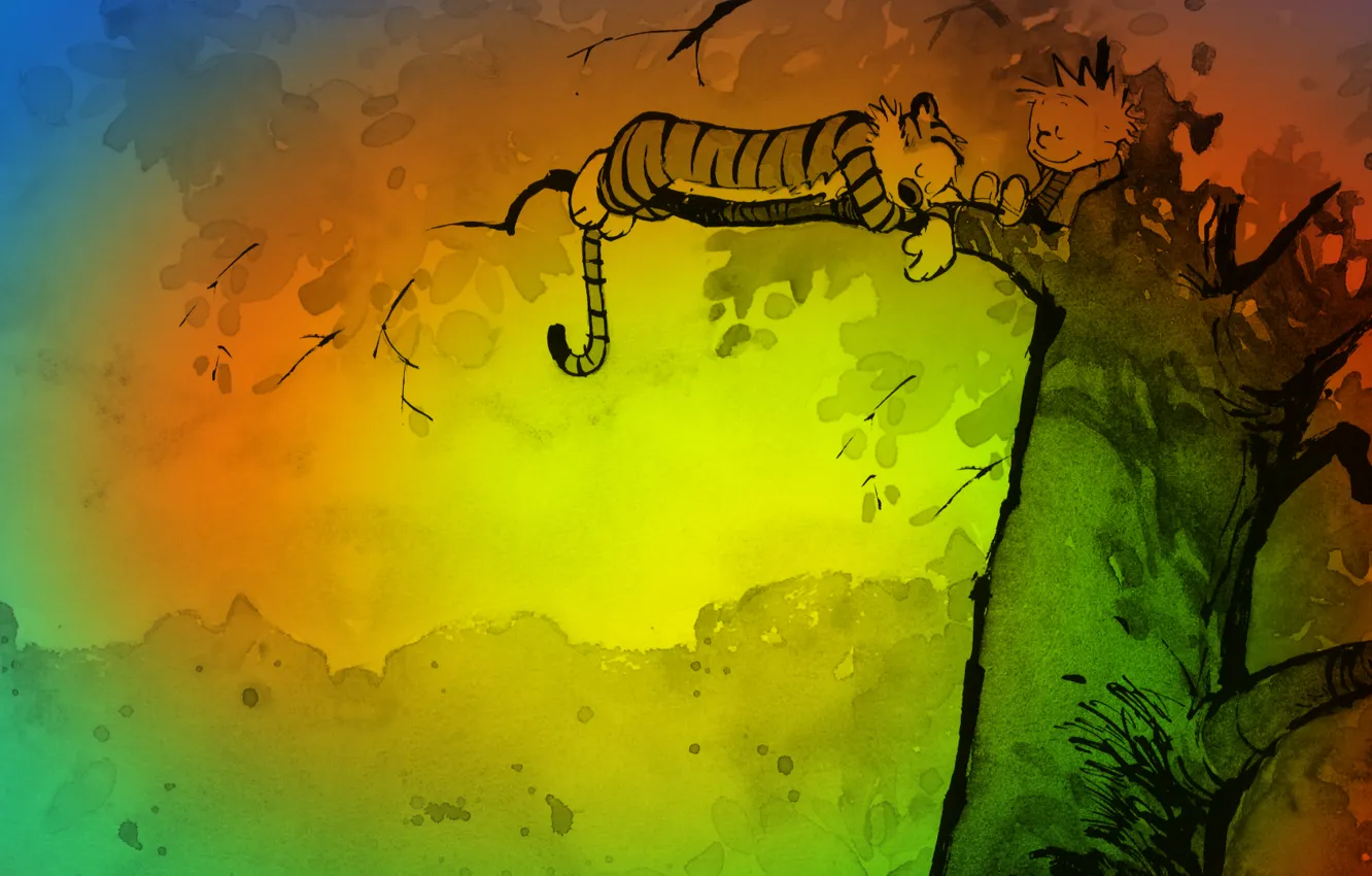 Photo wallpaper color, tiger, tree, stay, figure, cartoon, sleep, boy