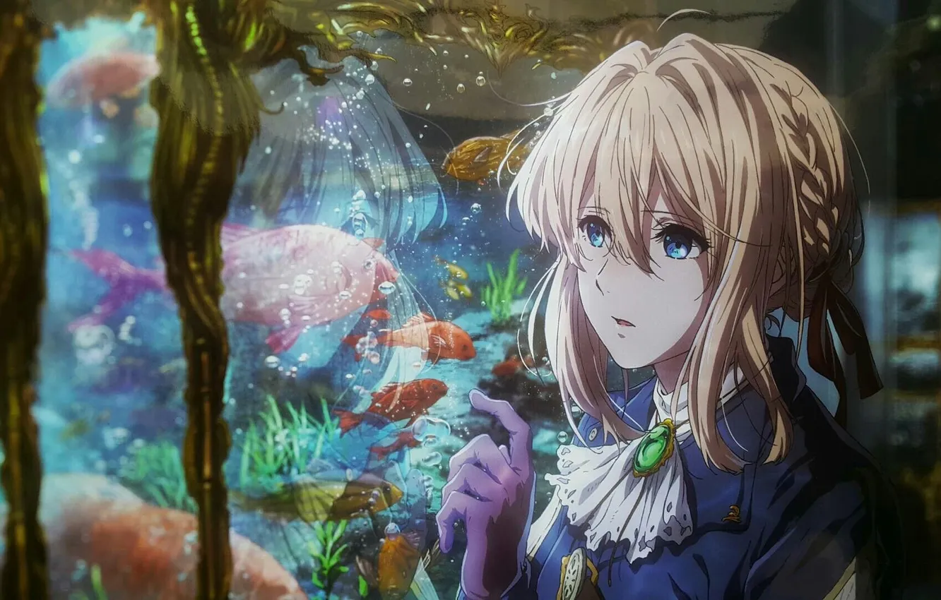 Photo wallpaper aquarium, blue eyes, bangs, air bubbles, Violet Evergarden, aquarium fish