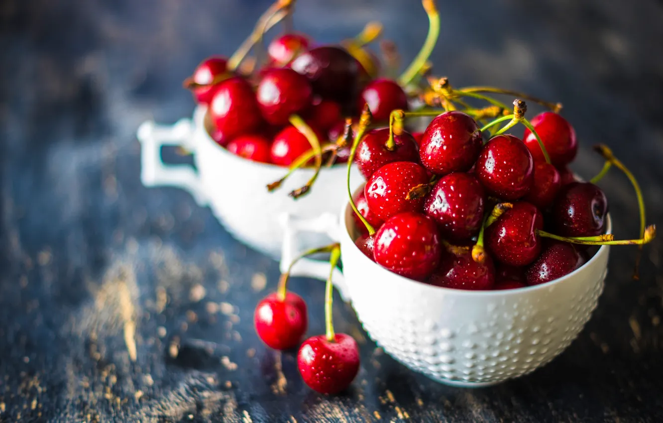 Photo wallpaper drops, light, cherry, berries, the dark background, table, Board, two