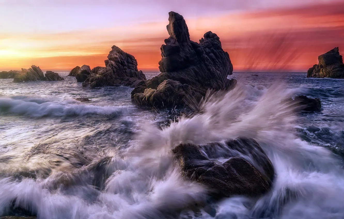Photo wallpaper sea, wave, sunset, squirt, nature, rocks