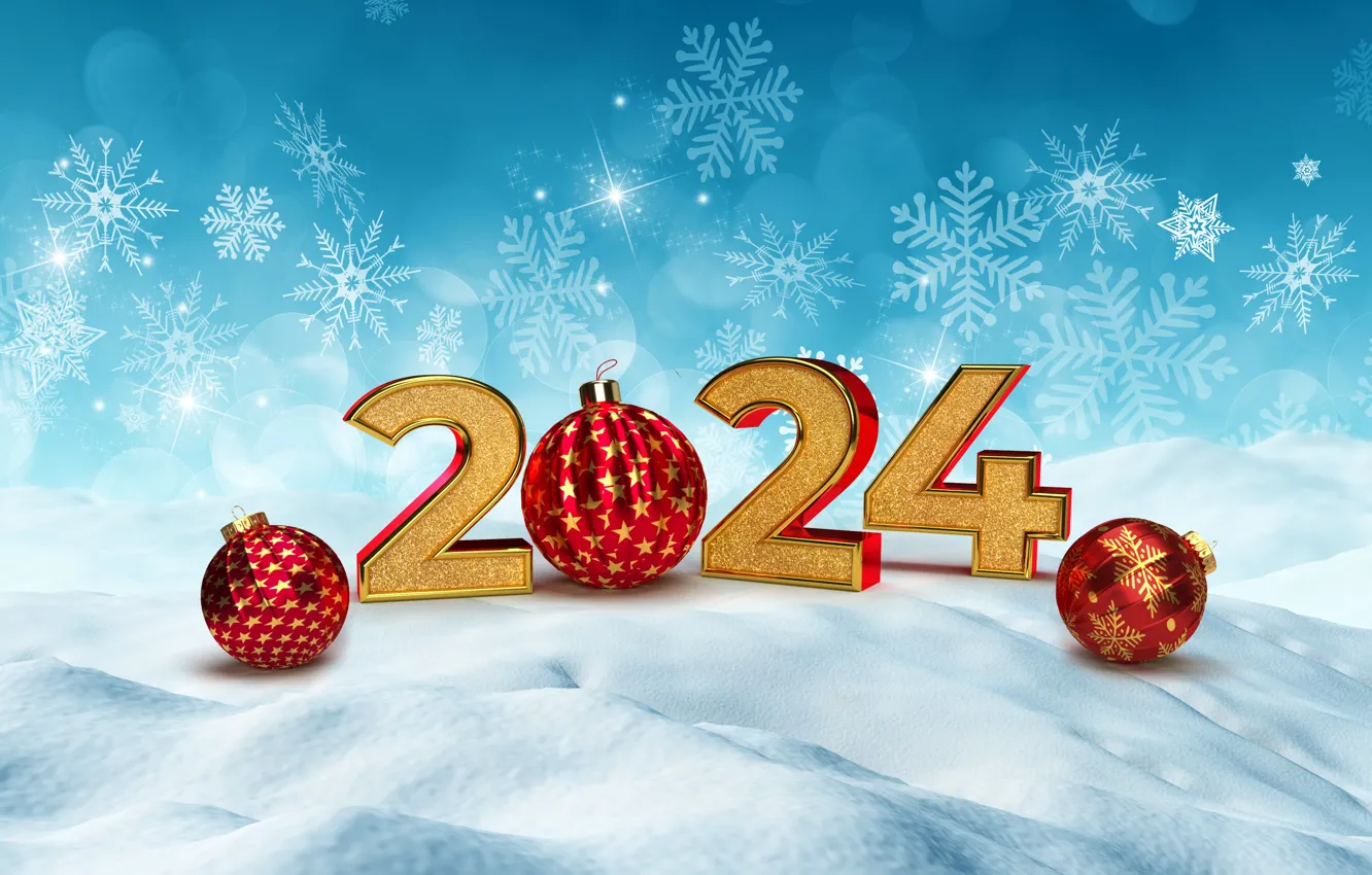 Photo wallpaper winter, snow, snowflakes, balls, new year, Christmas, figures, golden