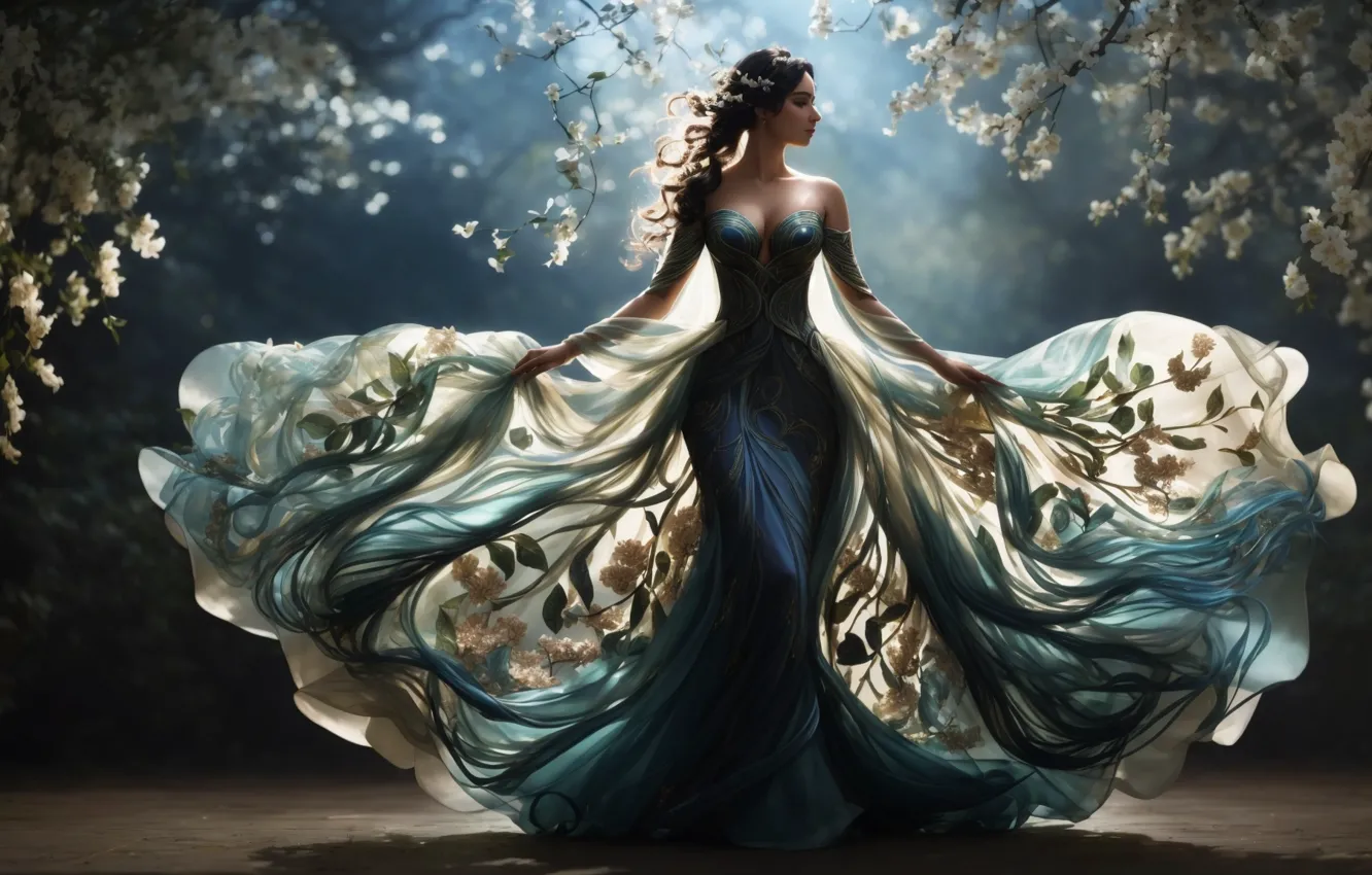 Photo wallpaper red, girl, hot, nature, fantasy art, mysterious, long dress, AI Art