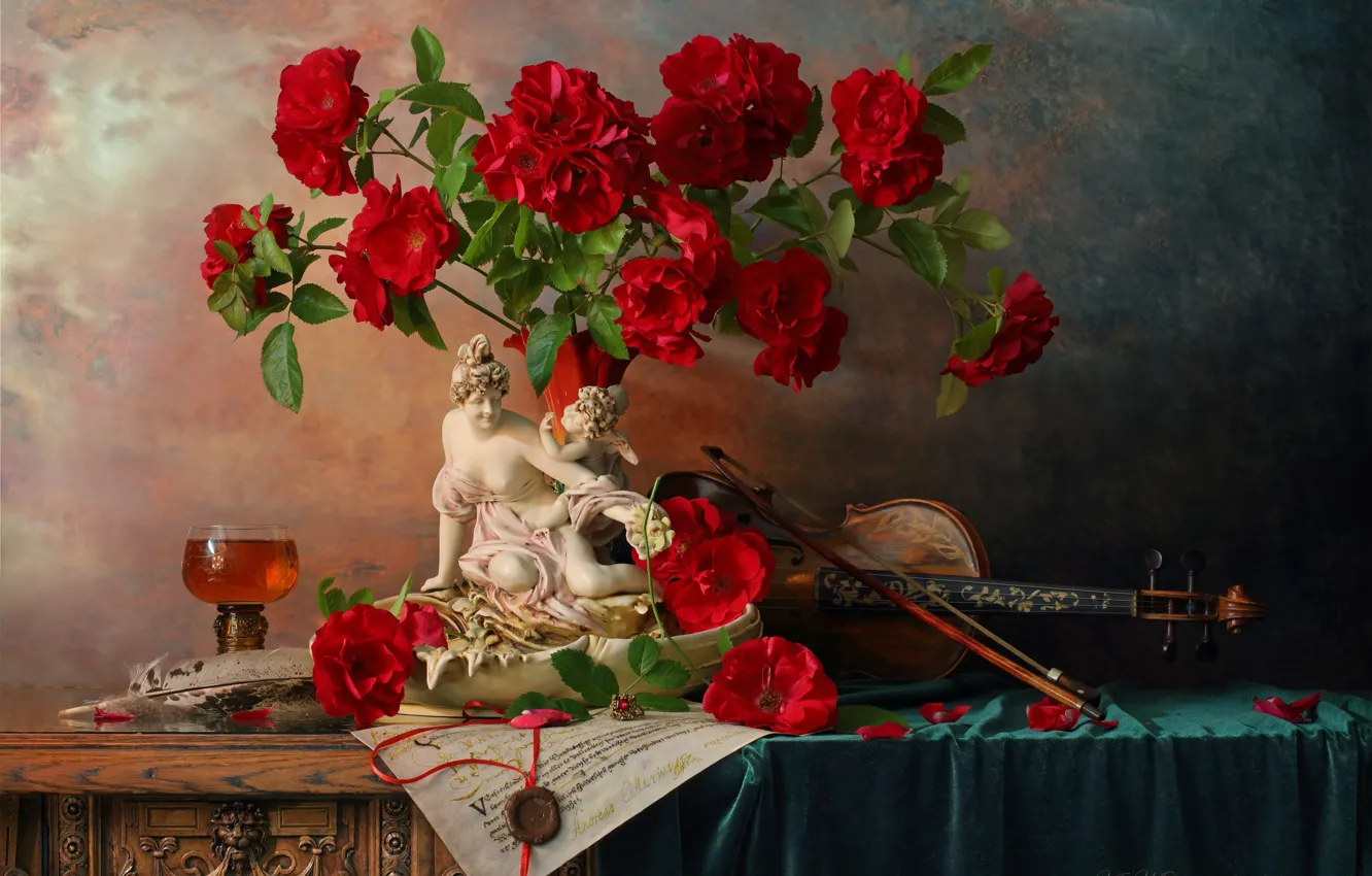 Photo wallpaper letter, flowers, style, violin, glass, roses, figurine, still life