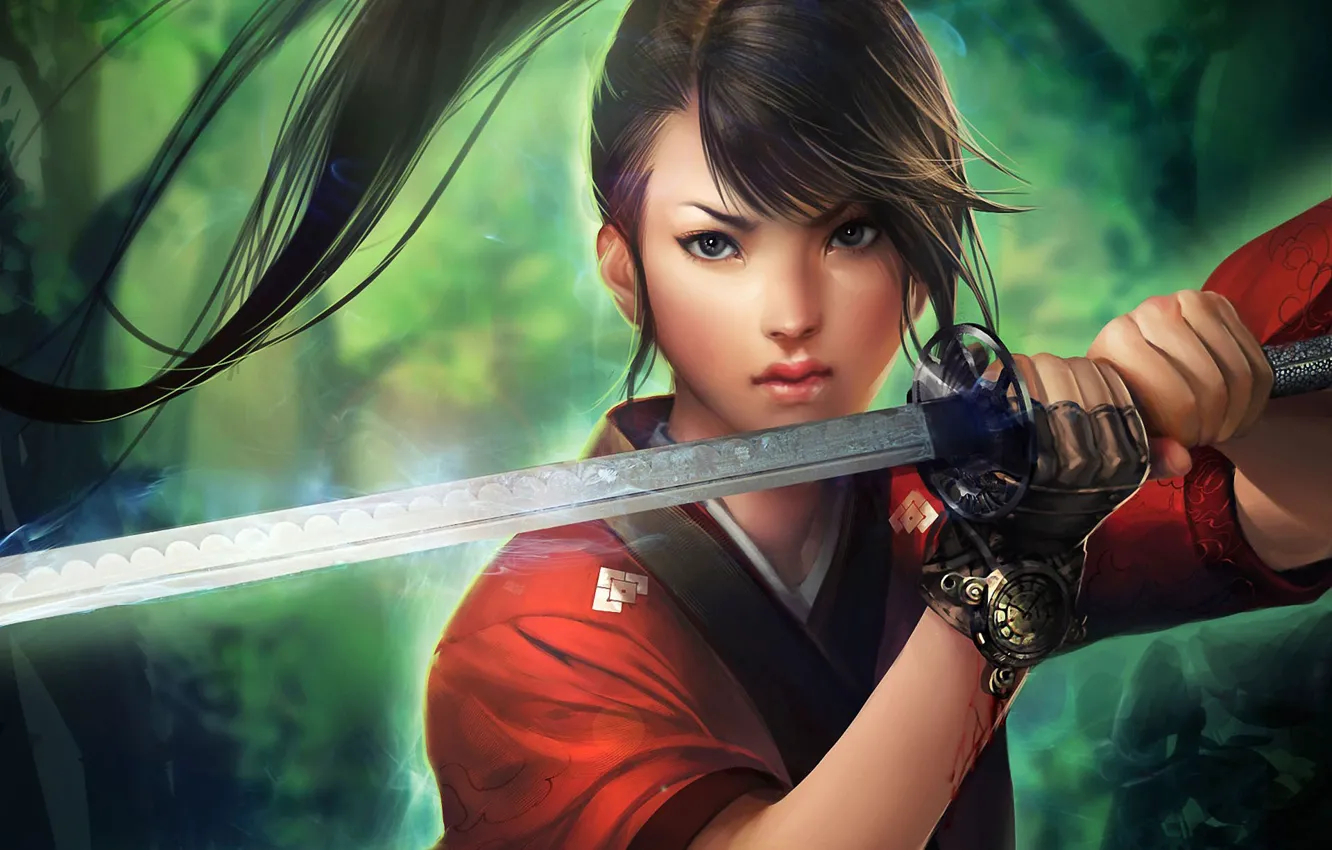 Photo wallpaper girl, magic, blood, sword, katana, art, tail, glove