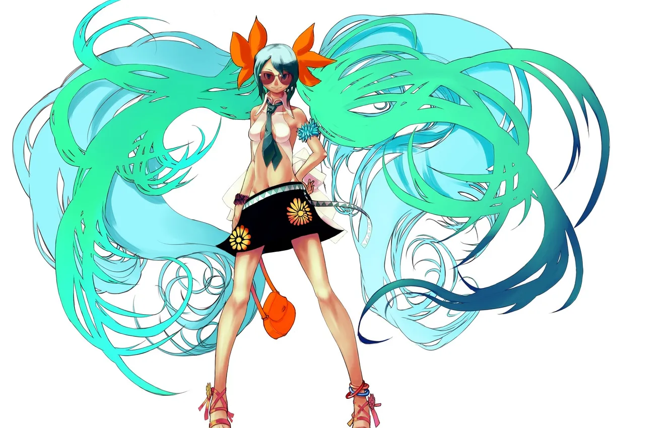 Photo wallpaper look, girl, smile, glasses, white background, bag, vocaloid, hatsune miku