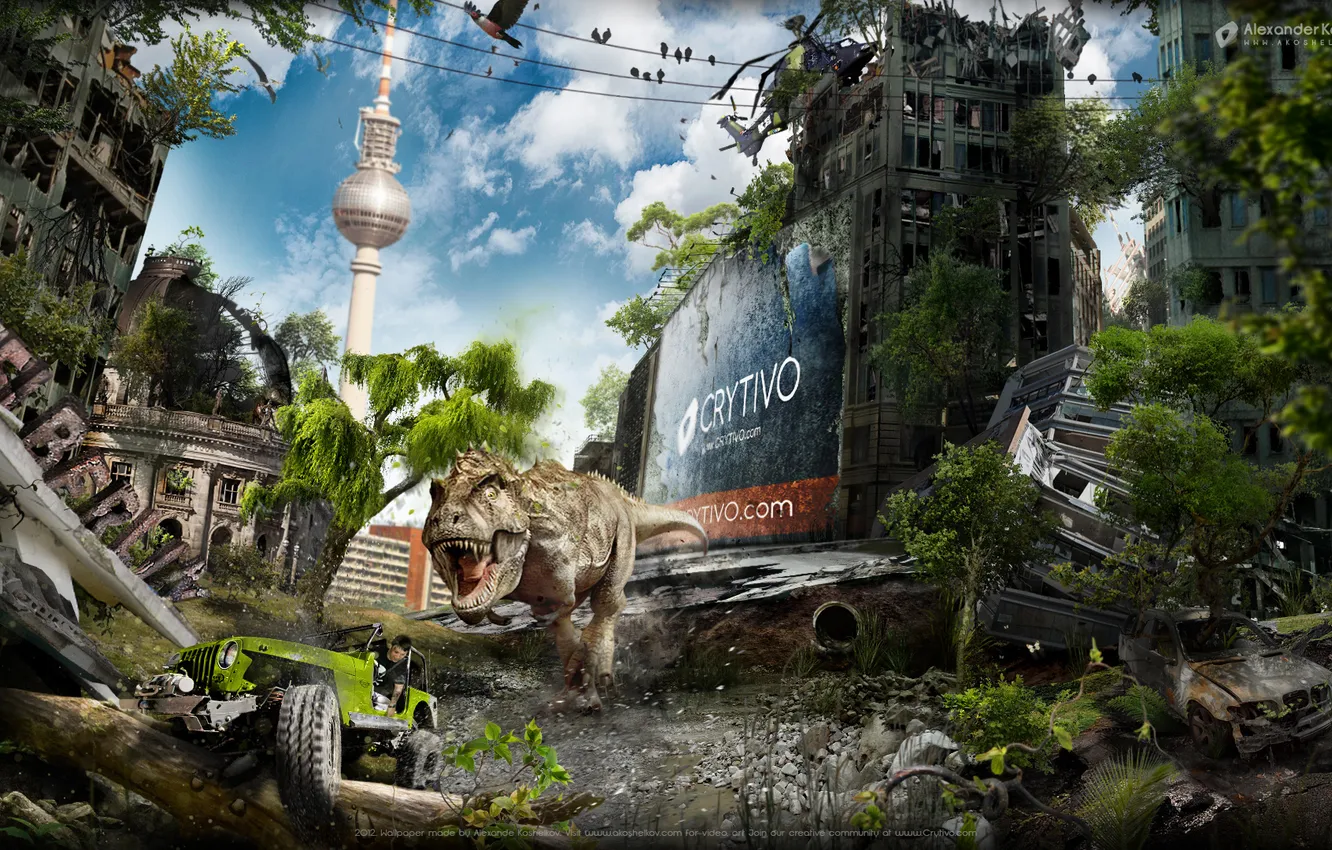 Photo wallpaper Apocalypse, dinosaur, destruction