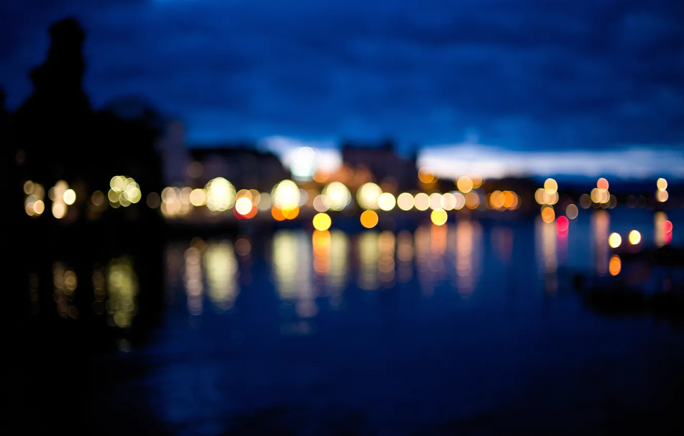 Photo wallpaper clouds, the city, lights, reflection, river, building, storm
