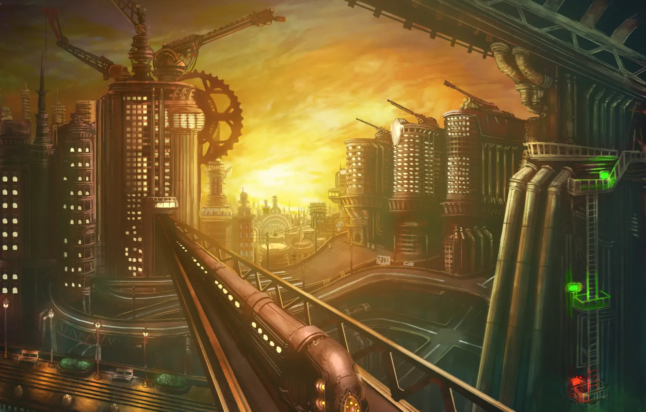 Photo wallpaper road, future, the world, building, train, mechanics, high, techno city
