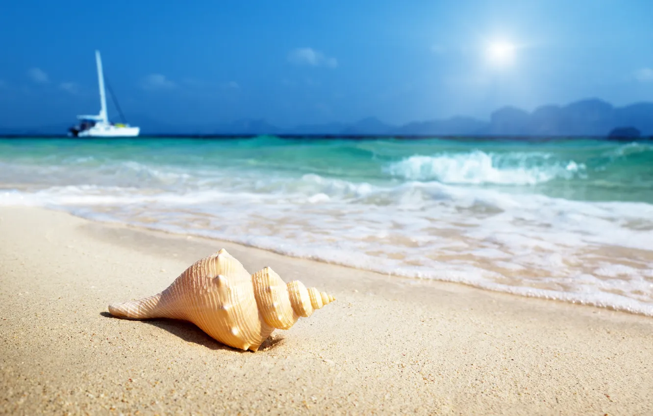 Photo wallpaper sand, sea, the sky, yacht, surf, shell