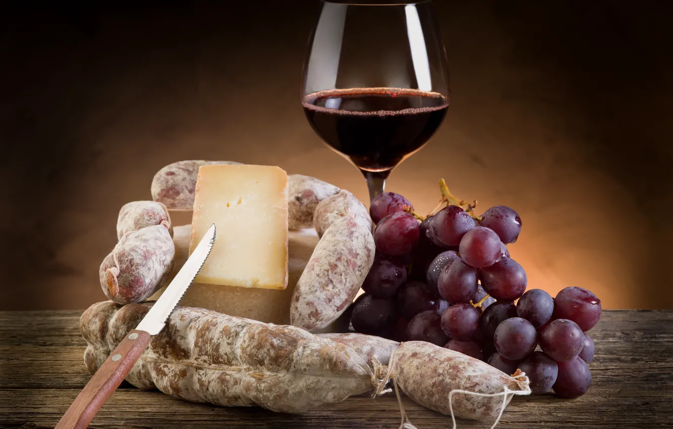 Photo wallpaper wine, red, glass, cheese, grapes, bunch, knife, salami