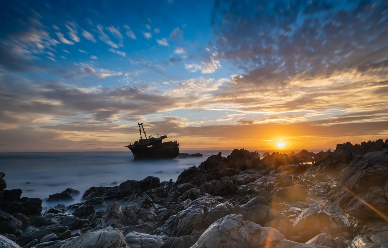Photo wallpaper sea, sunset, shore, ship, South Africa, Western Cape, L'Agulhas