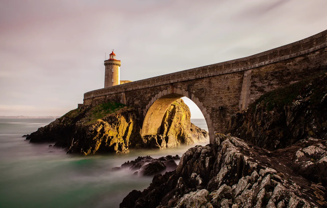 Photo wallpaper sea, the sky, light, bridge, stones, shore, lighthouse, arch