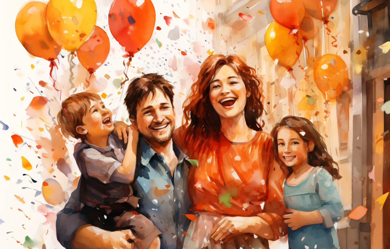 Photo wallpaper girl, joy, children, smile, balloons, new year, boy, family