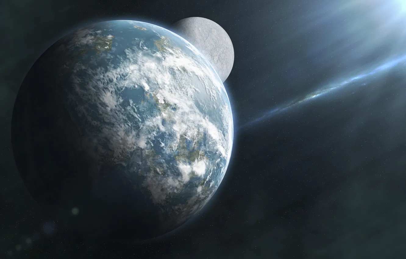 Photo wallpaper space, stars, planet, satellite, galaxy