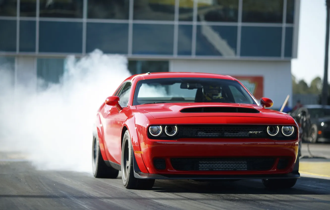 Photo wallpaper Challenger, Red, sportcar, smoke, race, speed, musclecar, track