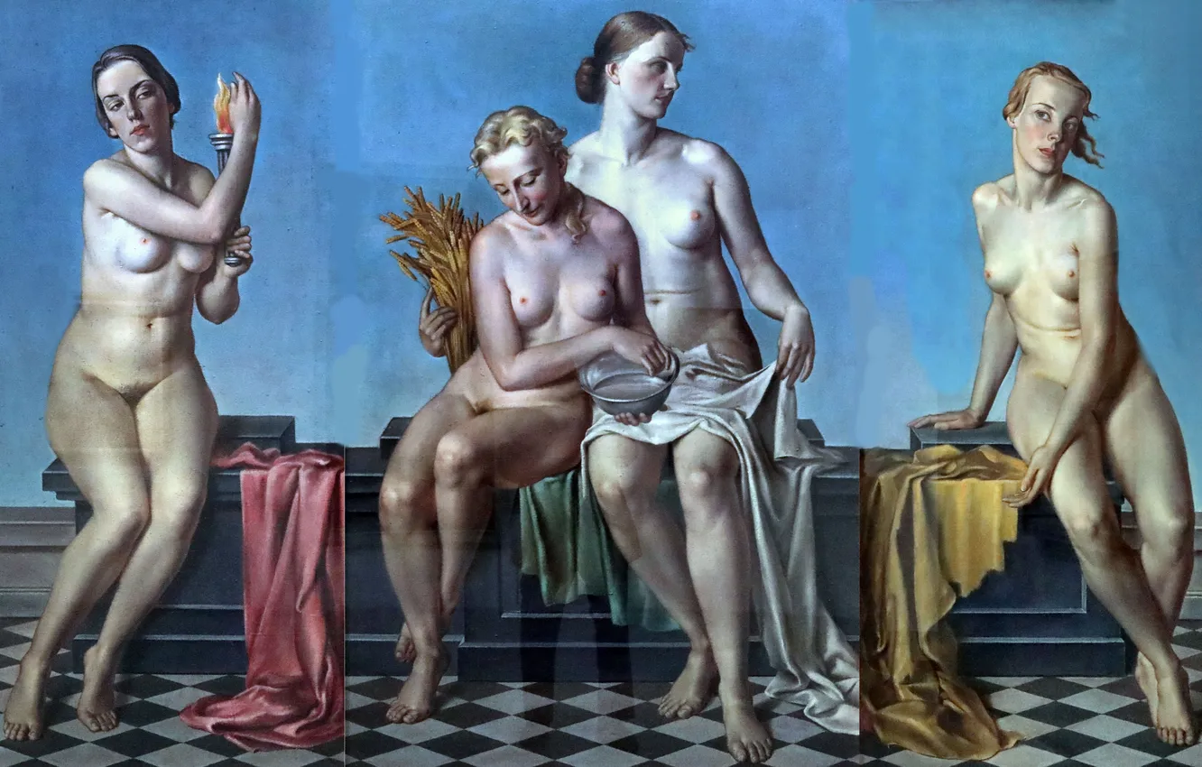 Photo wallpaper girl, picture, naked, triptych, The four elements, German artist, Aryans, Adolf Ziegler