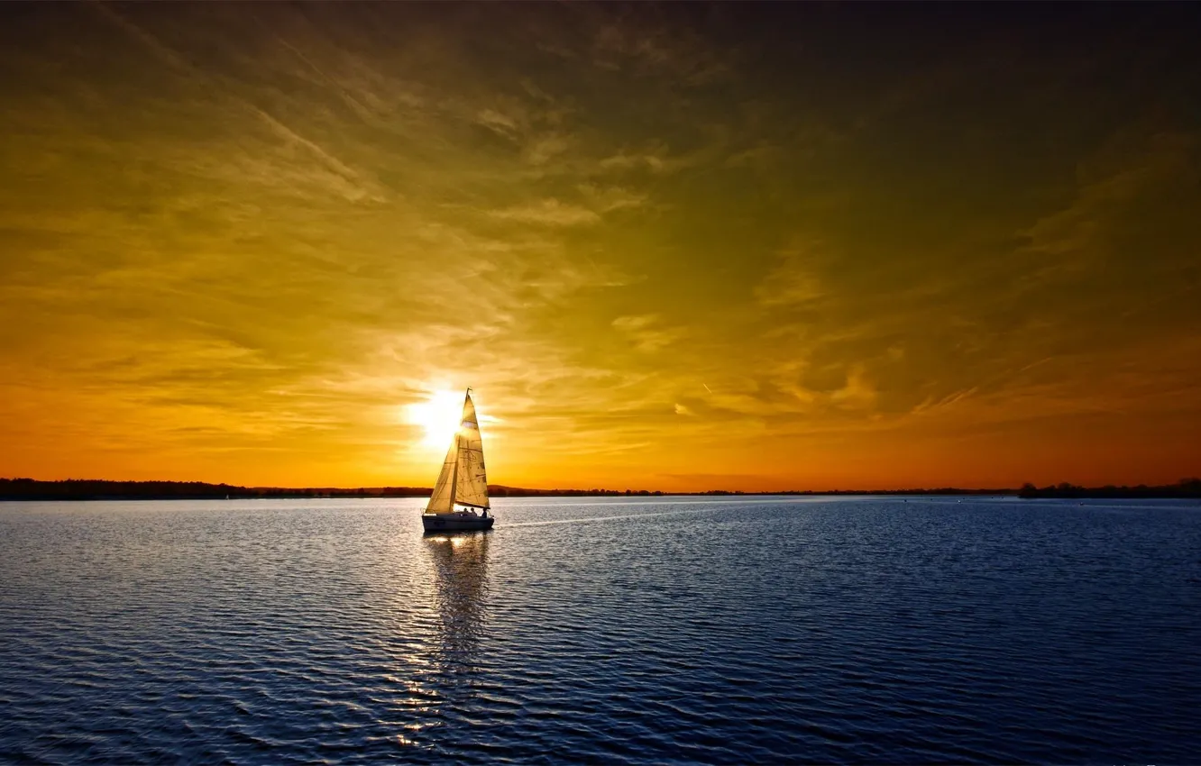 Photo wallpaper clouds, sunset, Yacht
