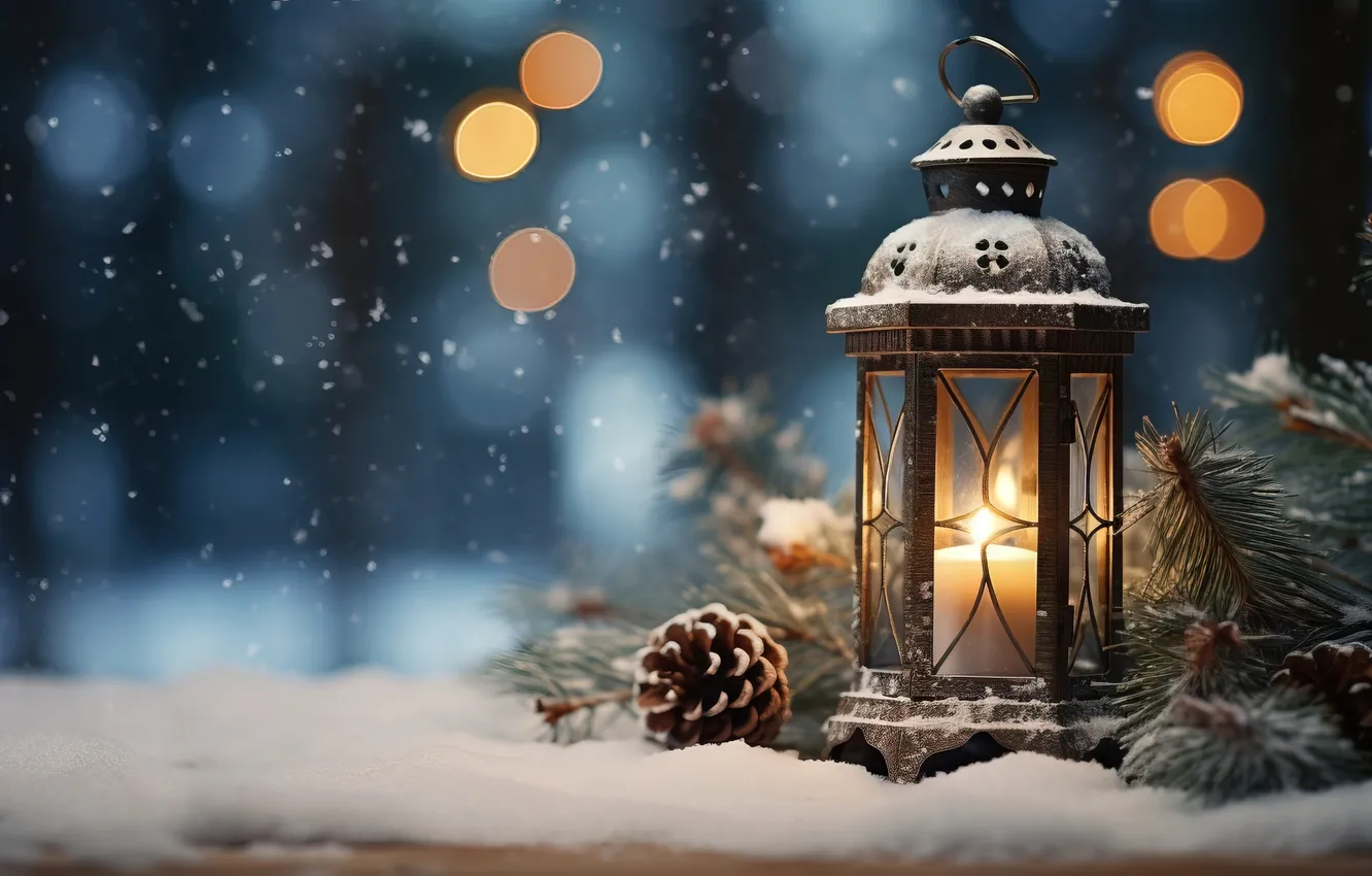Photo wallpaper winter, snow, night, new year, Christmas, lights, Christmas, night