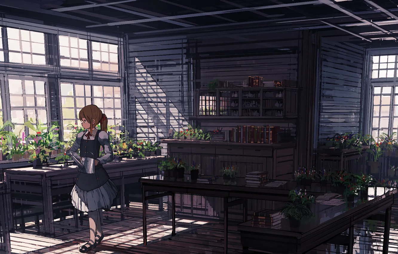 Photo wallpaper girl, flowers, room, Windows, anime, art, tables, lake
