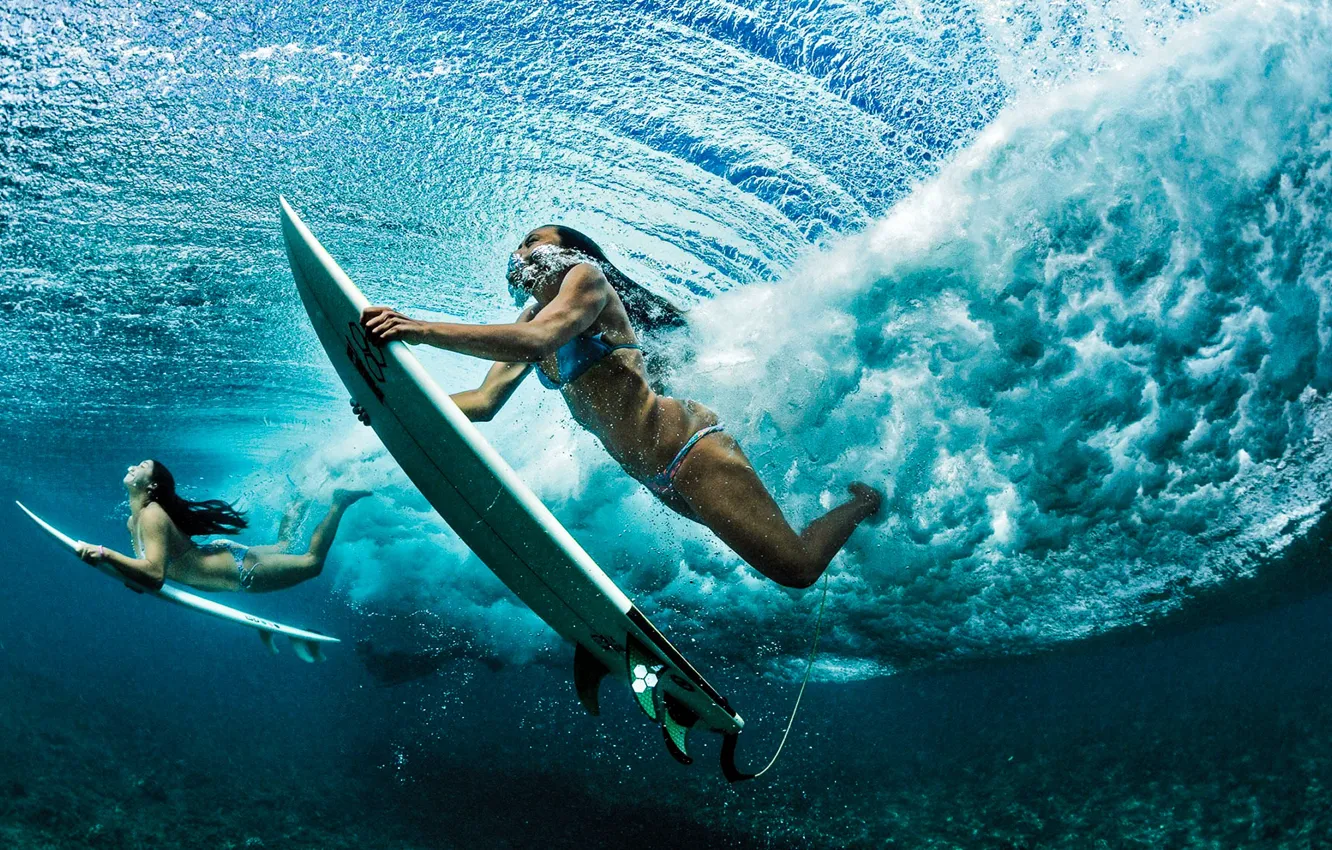 Photo wallpaper girl, beach, ocean, surf, surfboard