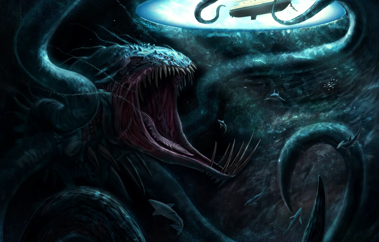 Photo wallpaper boat, shark, tentacles, monster, under water, kraken, Blue Hole, sea monster