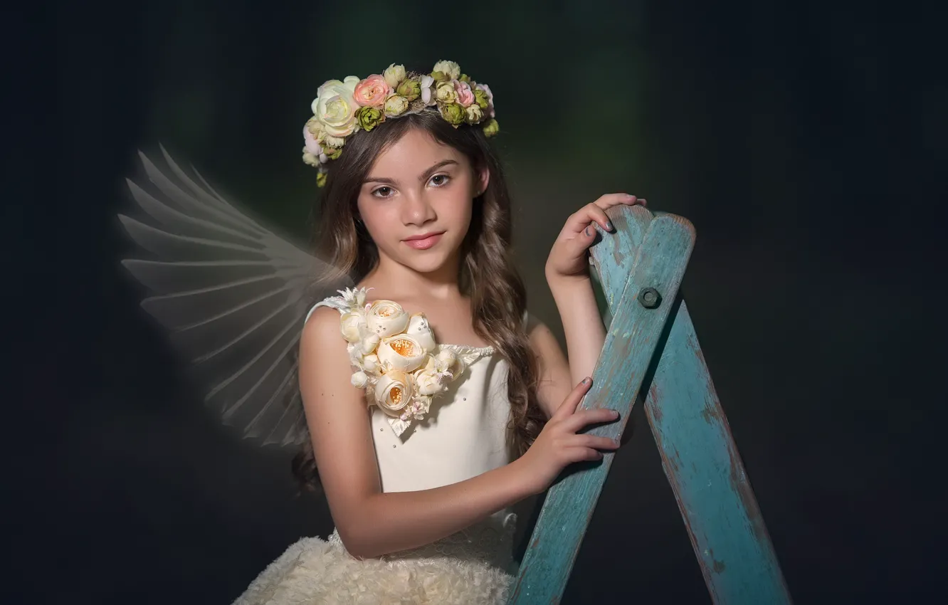 Photo wallpaper look, flowers, dress, girl, wings, wreath, curls