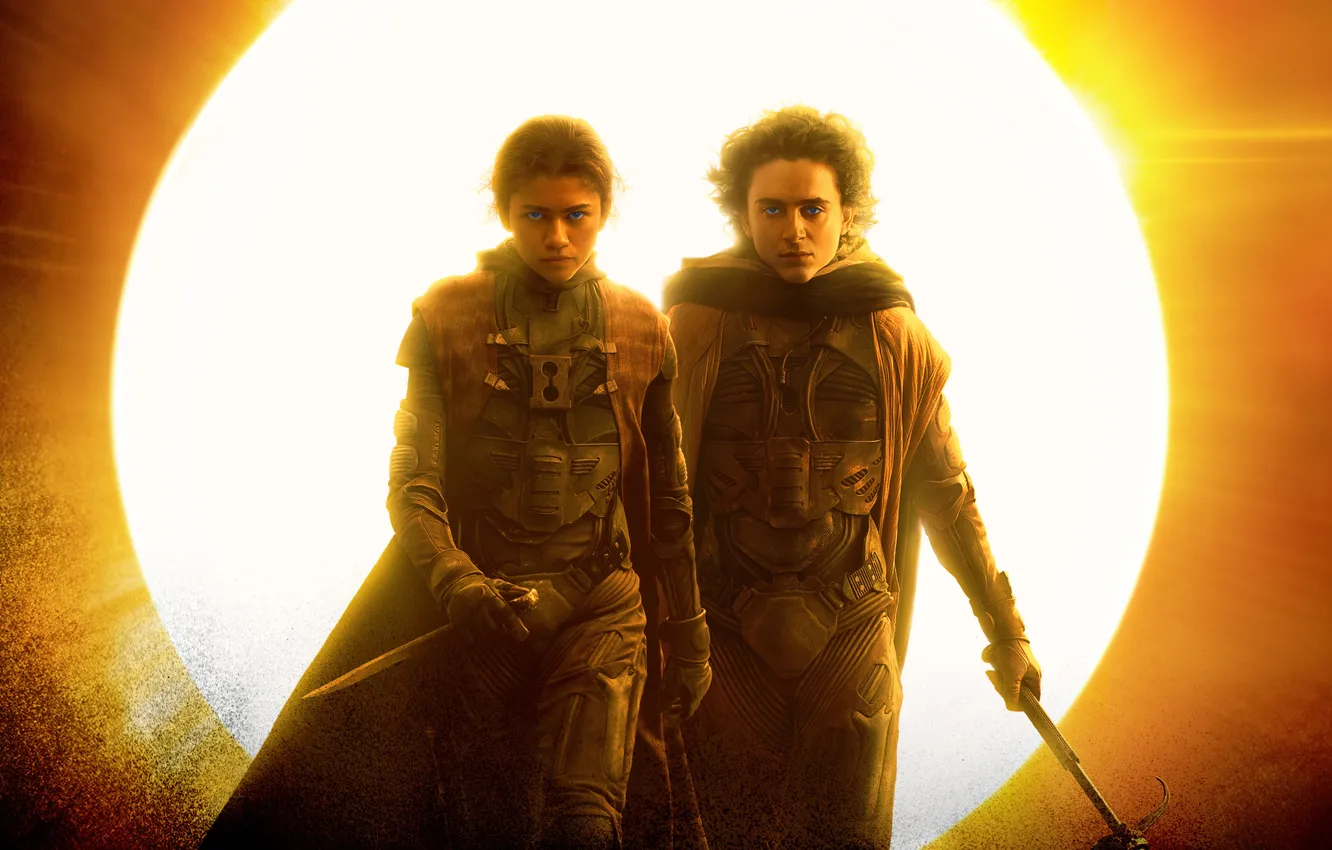 Photo wallpaper two, front, science fiction, Zendaya, Sendee, Timothee Chalamet, Timothy Salame, 2024