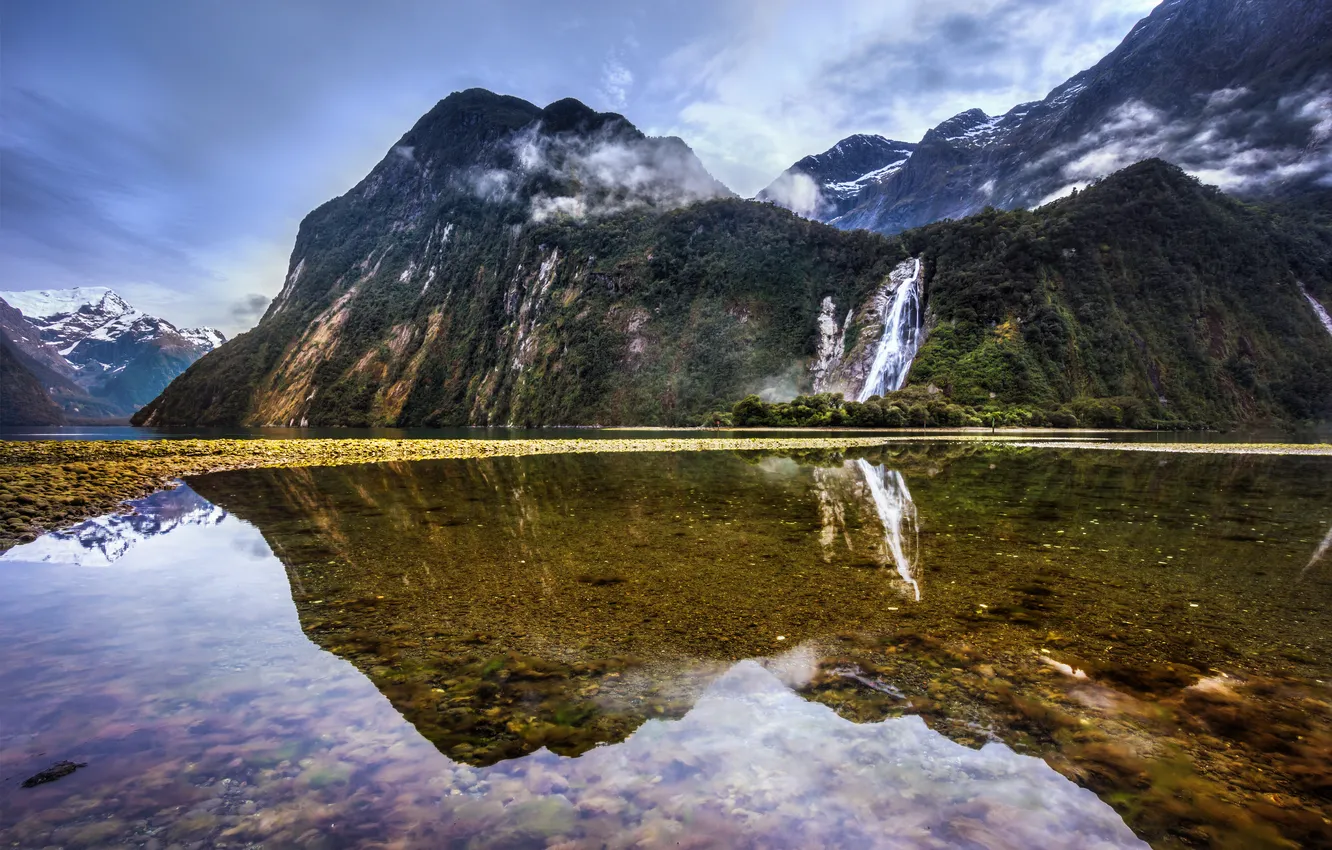 Photo wallpaper clouds, mountains, lake, reflection, shore, waterfall, slope