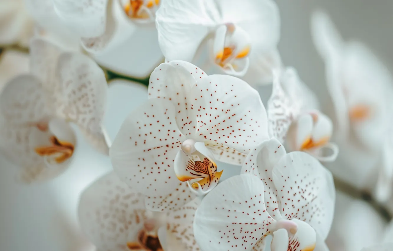Photo wallpaper macro, flowers, branches, white, Orchid, bokeh, speck, AI art
