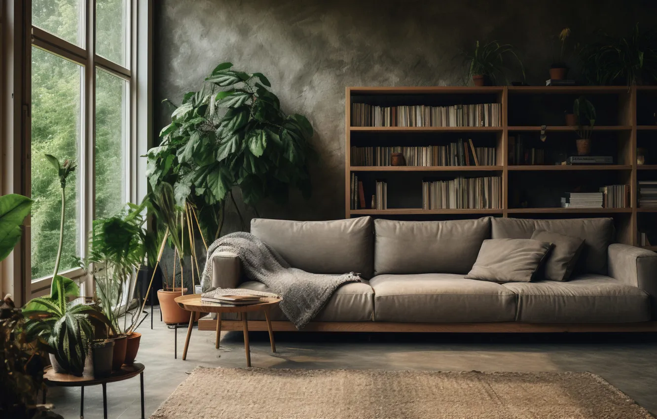Photo wallpaper design, style, room, plant, interior, library, sofa, living room