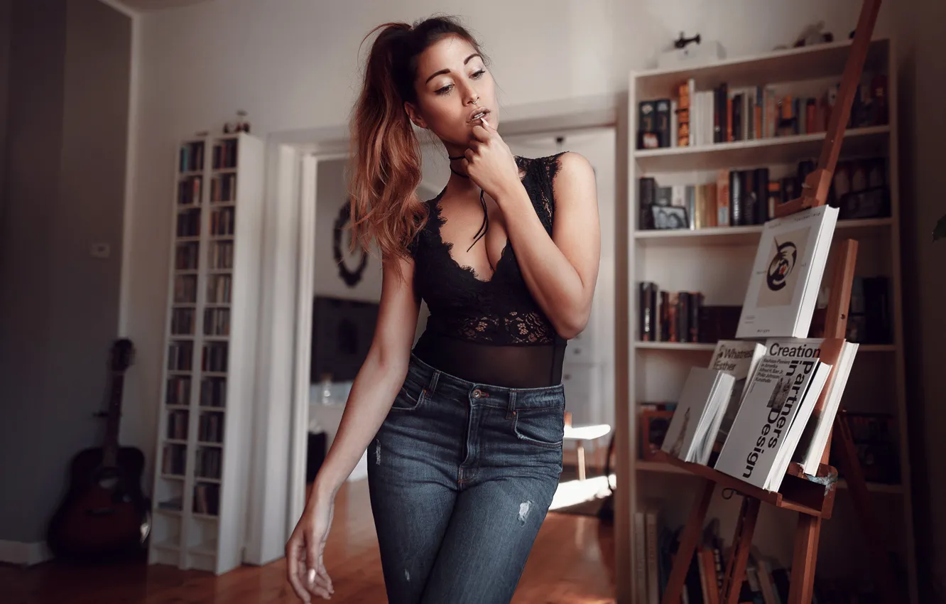 Photo wallpaper girl, room, books, jeans, makeup, figure, piercing, hairstyle