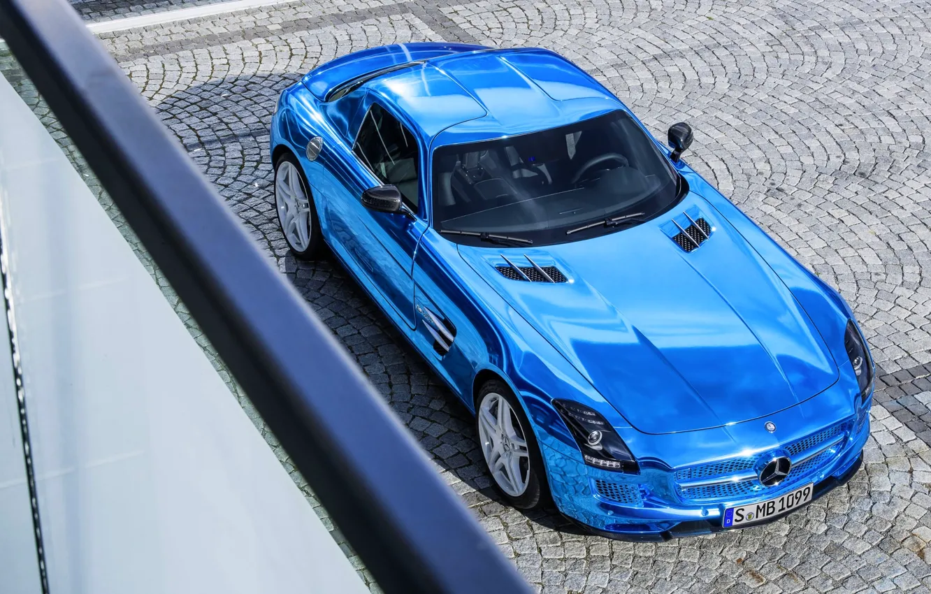 Photo wallpaper Mercedes-Benz, Blue, Machine, The hood, Pavers, AMG, Coupe, SLS