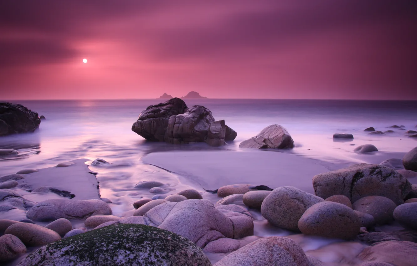Photo wallpaper sea, sunset, stones