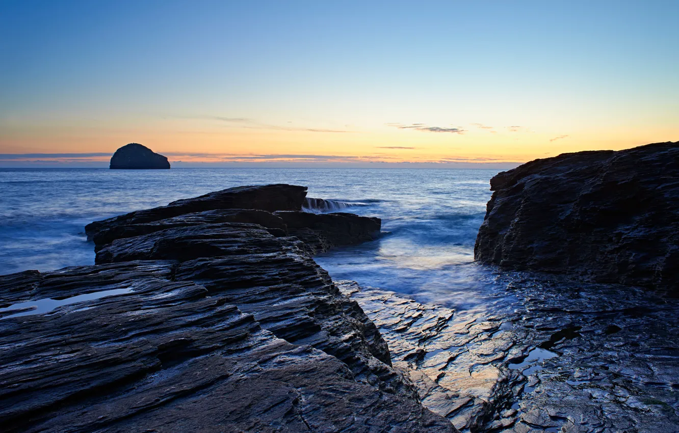 Photo wallpaper sea, the sky, clouds, sunset, stones, rocks, island, horizon