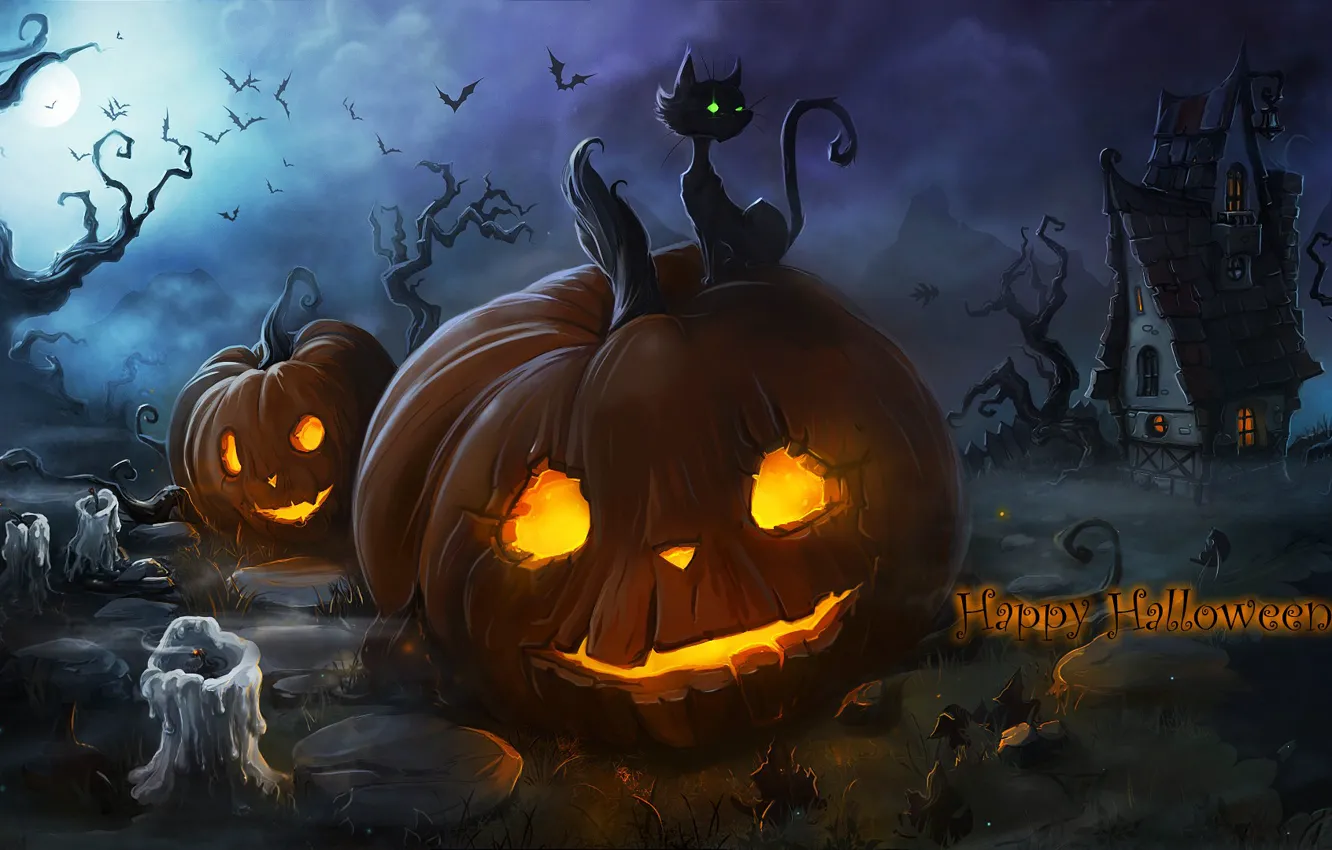 Photo wallpaper cat, night, lights, fog, holiday, the moon, candles, pumpkin