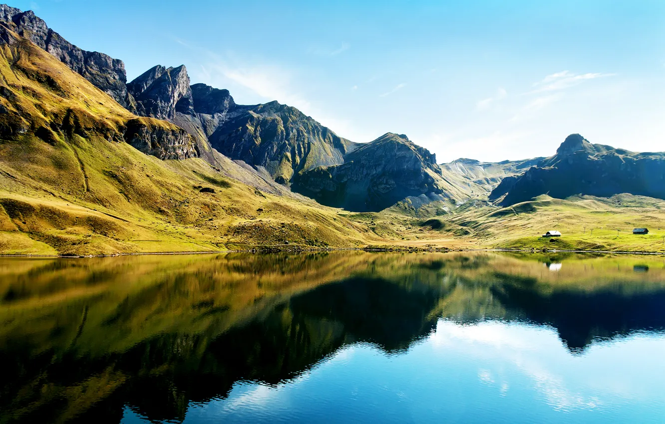 Photo wallpaper greens, mountains, lake, reflection, hills, home, Sunny