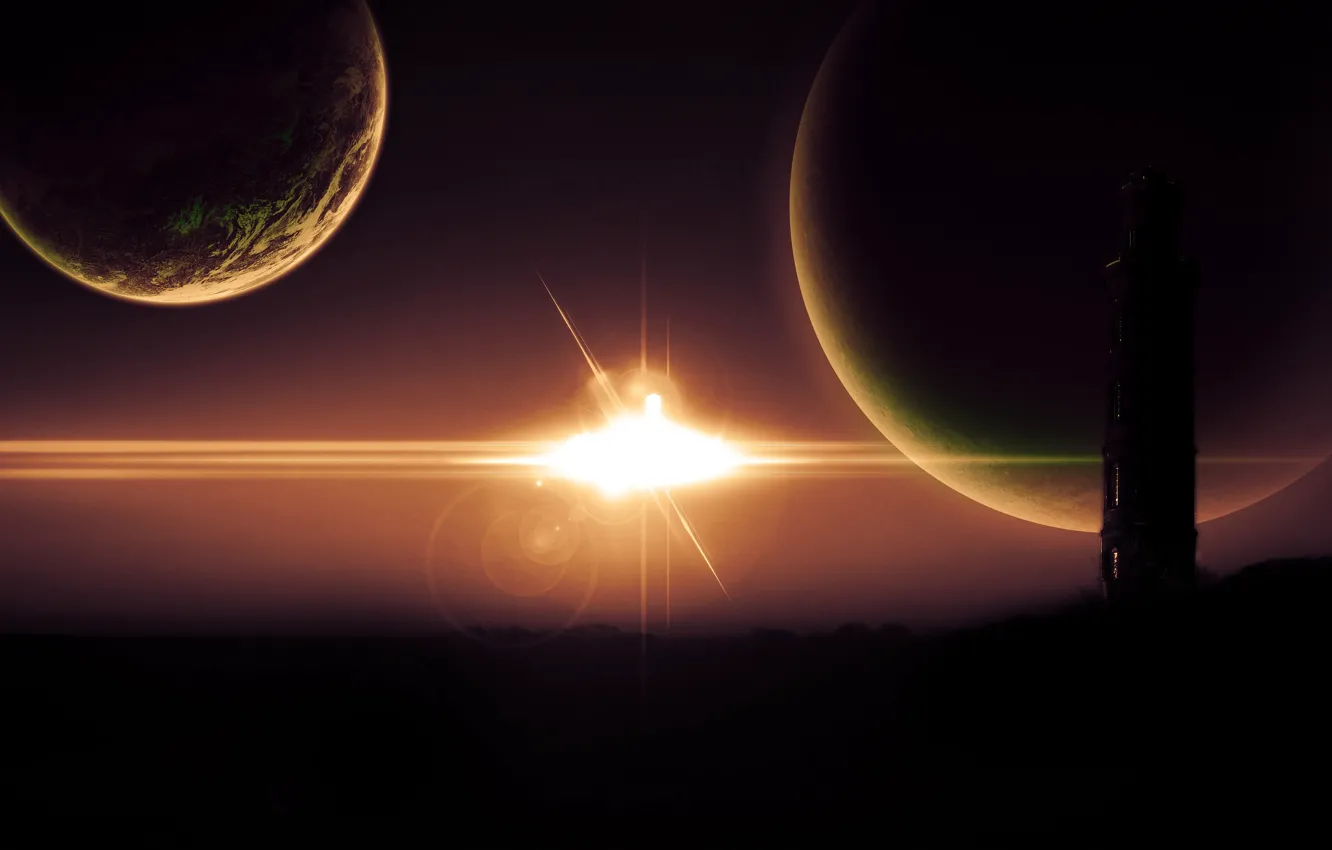 Photo wallpaper stars, planet, tower, silhouette