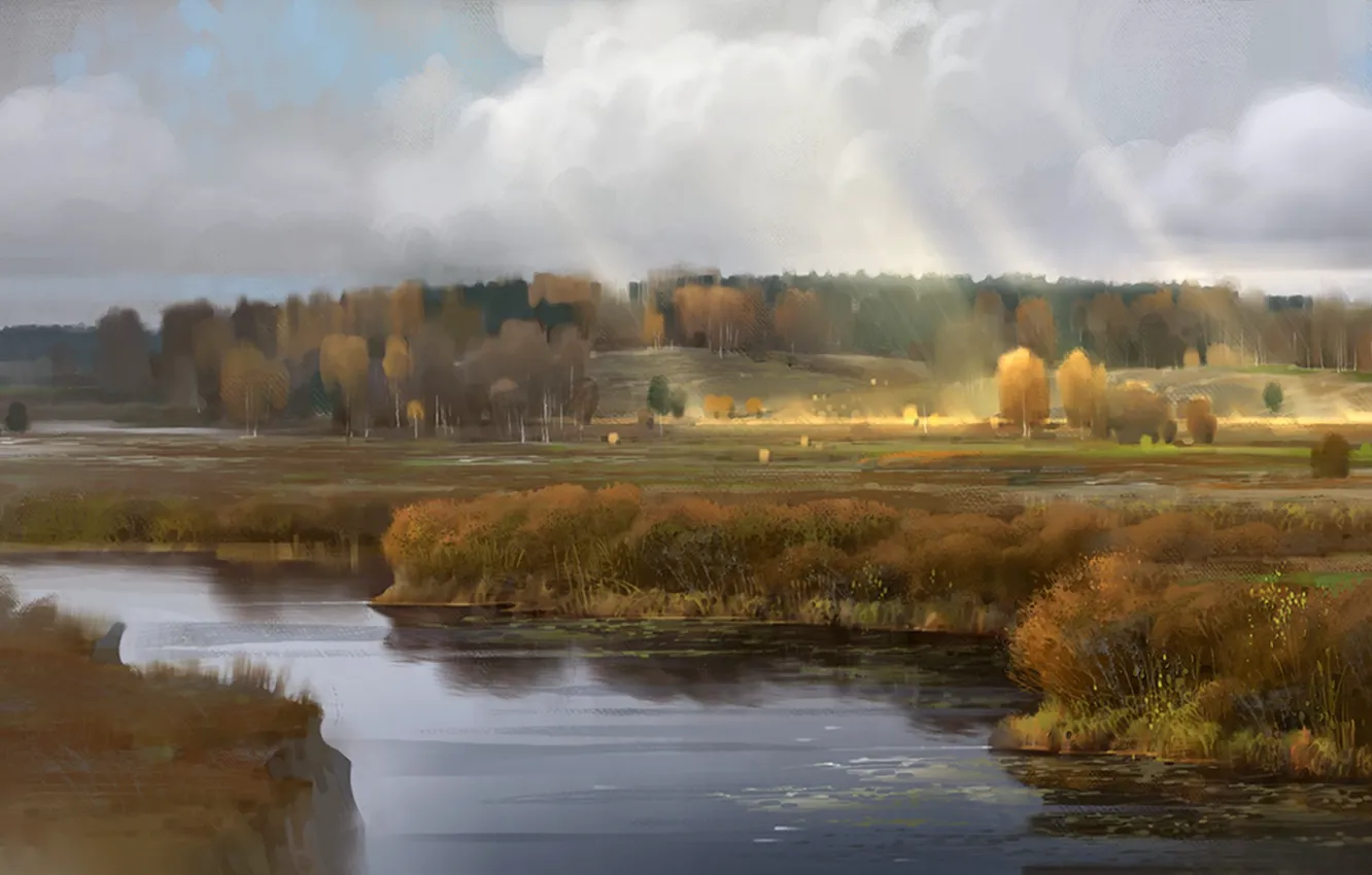 Photo wallpaper field, forest, landscape, river, art, river, Russia, Russia