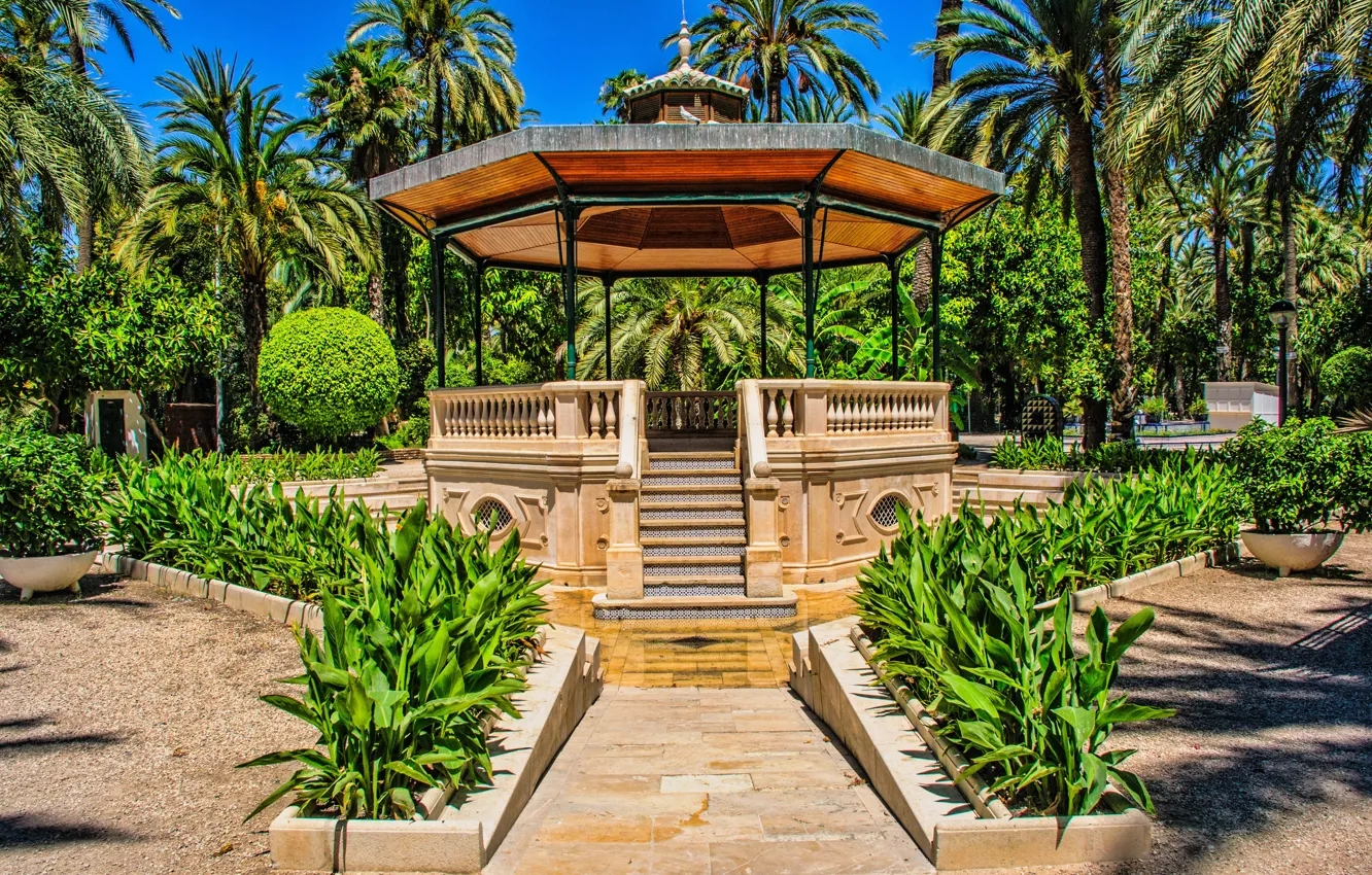 Photo wallpaper summer, the city, Park, palm trees, plant, summer, gazebo, park
