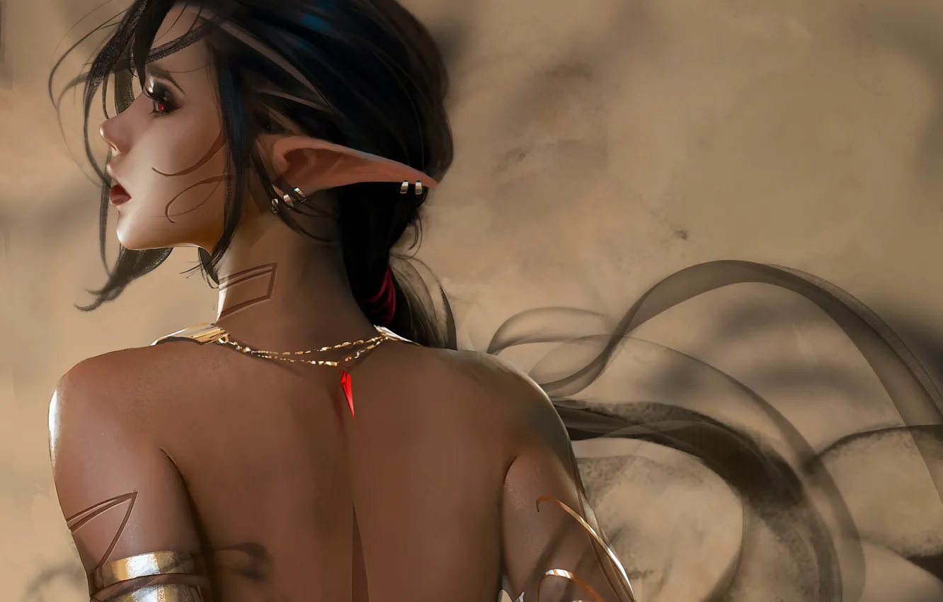 Photo wallpaper decoration, back, earrings, brunette, elf, red eyes, Zed, Trung Bui