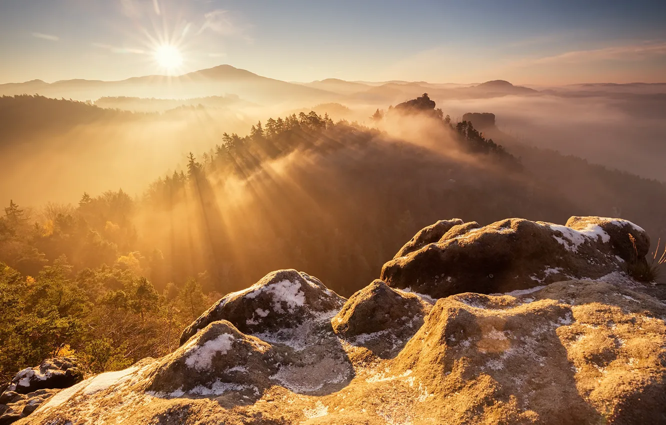 Photo wallpaper light, mountains, morning