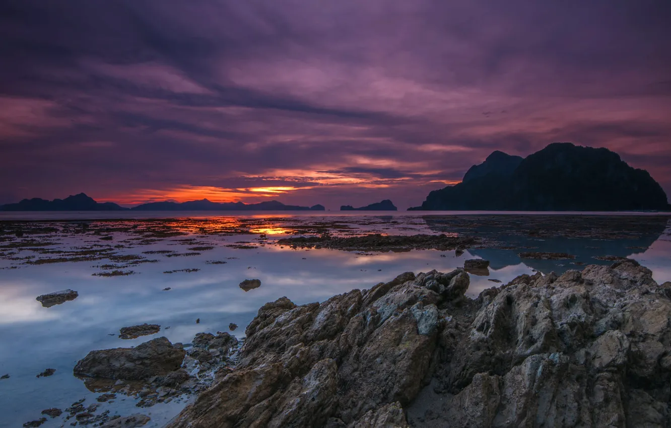 Photo wallpaper sea, the sky, sunset, clouds, stones, rocks, shore, dal