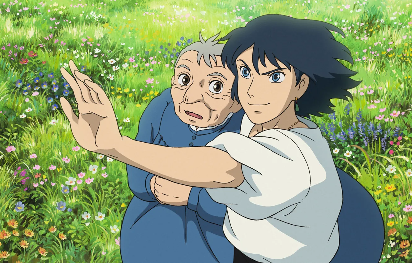 Photo wallpaper meadow, old, wildflowers, howl's moving castle, white shirt, howl's moving castle, sophie hatter, howl jenkins