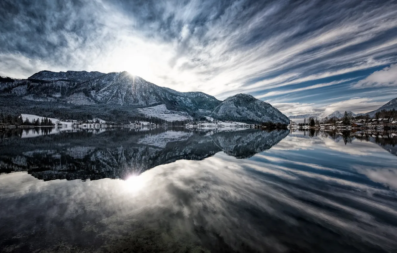 Photo wallpaper panorama, sunrise, reflection, Austria, Alps, Grundlsee