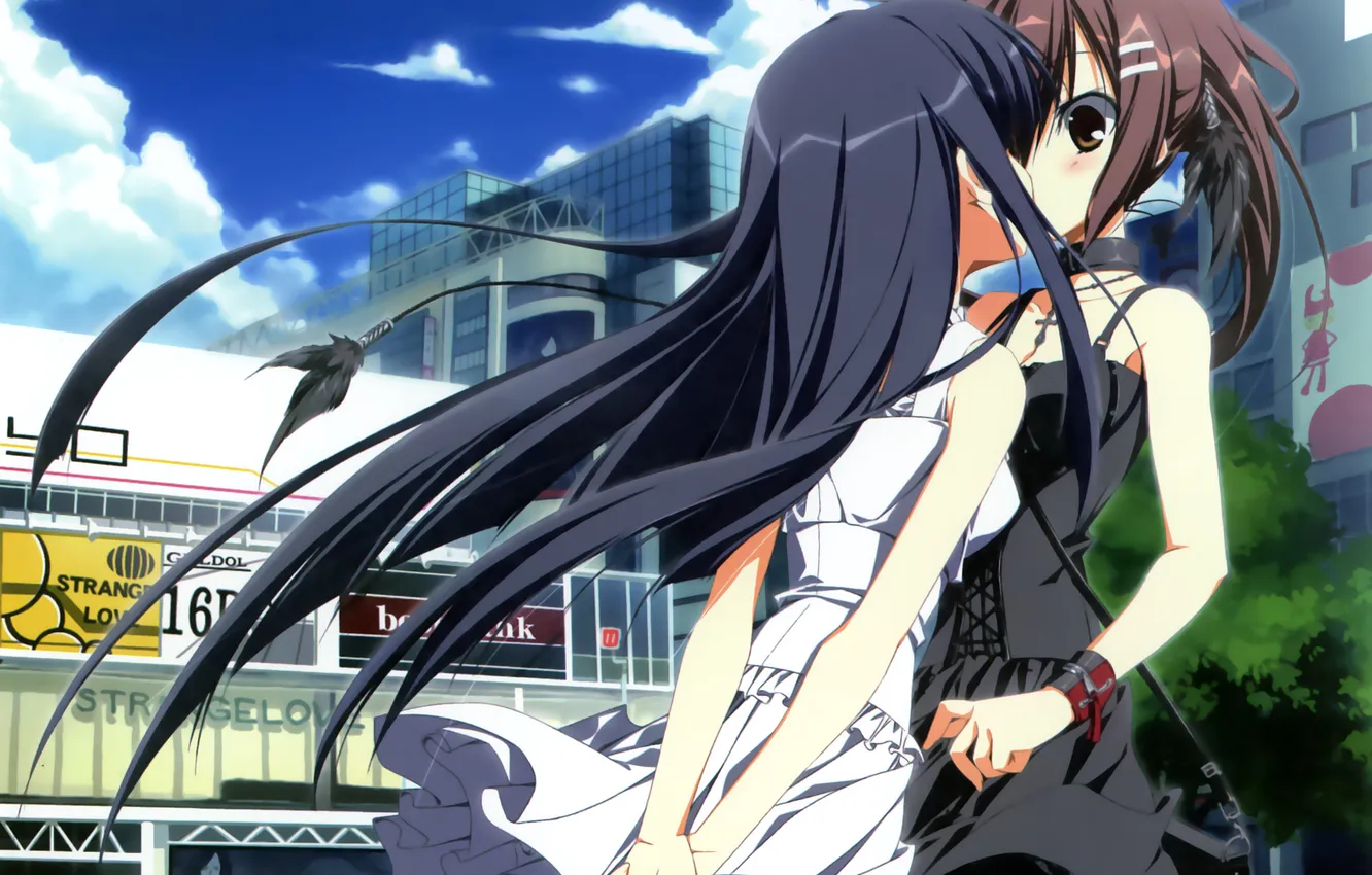 Photo wallpaper the sky, girl, clouds, trees, the city, kiss, anime, art