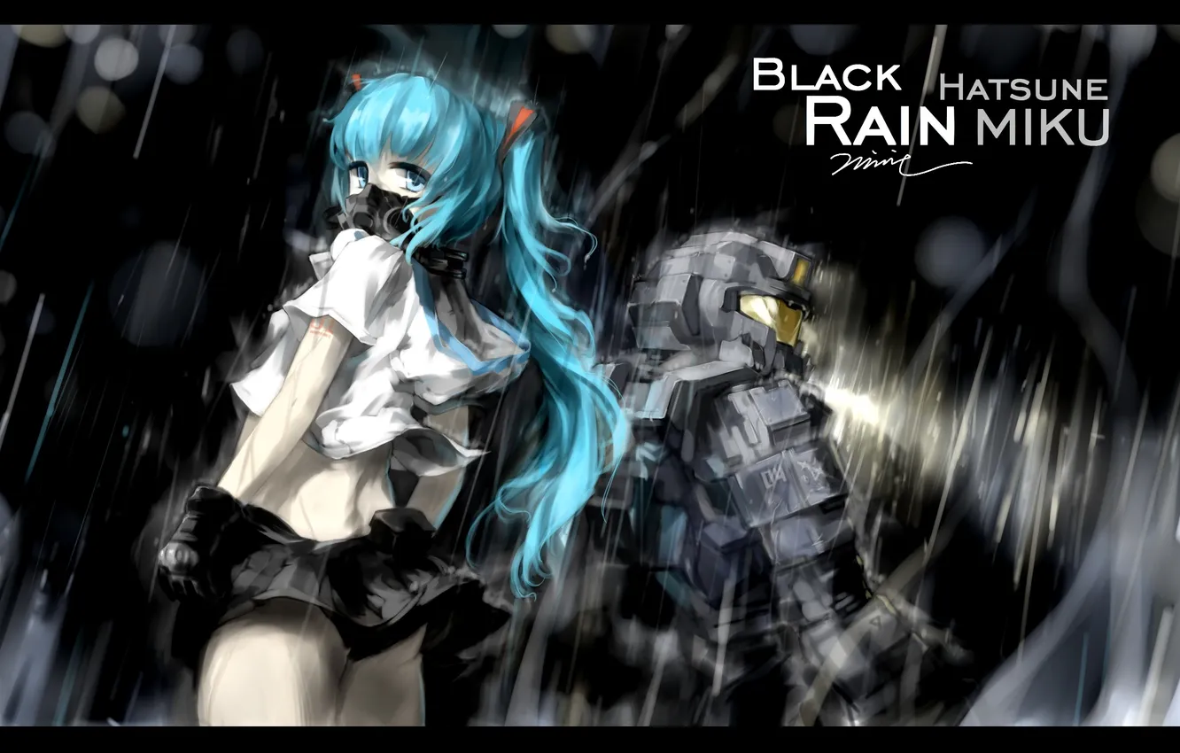 Photo wallpaper girl, light, rain, robot, anime, mask, art, vocaloid